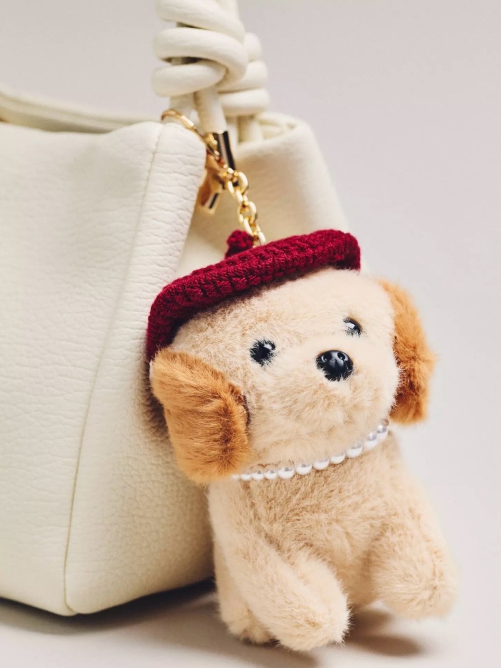 Plush Beige Dog Keychain with Burgundy Beret - Fashion Pet Accessory